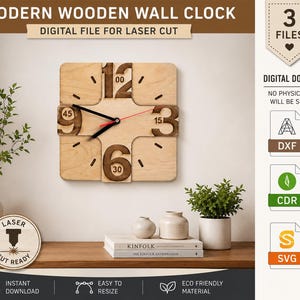 Puede incluir: Un diseño de reloj de pared cuadrado de madera con números de color marrón oscuro 12, 3, 6 y 45, 15, 30, manecillas negras y un segundero rojo. Es un archivo digital para corte láser que incluye formatos DXF, CDR y SVG para descargar.