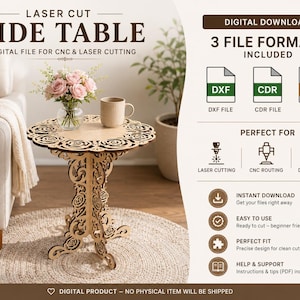 May include: A laser cut side table digital file for CNC and laser cutting. The design features intricate floral patterns on the circular tabletop and pedestal base. Includes DXF, CDR, and SVG file formats for laser cutting, CNC routing, and DIY projects.