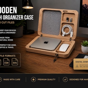 May include: A light-colored wooden tech organizer case with a hinged lid, featuring a gray felt-lined interior compartment, a dedicated space for a small computer, a white computer mouse, a coiled white charging cable, and two small USB drives.