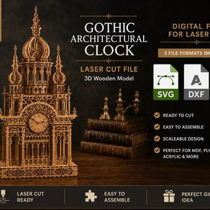 May include: A 3D wooden model of a Gothic architectural clock with intricate laser-cut details. The digital file includes SVG, DXF, and CDR formats for laser cutting. The text reads GOTHIC ARCHITECTURAL CLOCK, DIGITAL FILE FOR LASER CUT, 3 FILE FORMATS INCLUDED, READY TO CUT, EASY TO ASSEMBLE, SCALEABLE DESIGN, PERFECT FOR MDF, PLYWOOD, ACRYLIC & MORE.