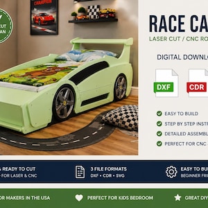 May include: A light green race car bed with a rear spoiler and wheel-shaped side panels. The digital download includes DXF, CDR, and SVG files for laser cutting or CNC router projects, featuring step-by-step instructions for assembly.
