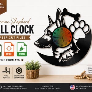 May include: A black laser-cut wall clock design featuring a German Shepherd silhouette, a paw print, and a bone. The clock face has a colourful, mottled pattern. The image includes text labels for SVG, DXF, and CDR file formats, and laser cutting icons.