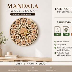 May include: A digital download for a mandala wall clock laser cut file. The design features a circular wooden clock face with intricate geometric patterns and numbers 1 through 12. Includes DXF, CDR, and SVG file formats for CNC machines.