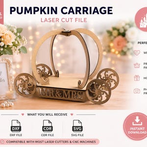 May include: A laser-cut wooden pumpkin carriage design featuring the text MR & MRS on the base. The digital file includes DXF, CDR, and SVG formats for use with laser cutters and CNC machines. The structure has four ornate wheels and a curved frame.