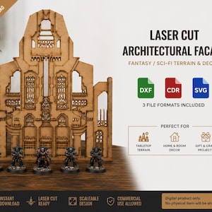 Könnte beinhalten: Eine lasergeschnittene architektonische Fassade mit komplexen gotischen Mustern aus hellbraunem Holz, begleitet von fünf kleinen schwarzen Miniaturfiguren. Der Text umfasst LASER CUT ARCHITECTURAL FACADE, FANTASY / SCI-FI TERRAIN & DECOR, DXF, CDR, SVG.