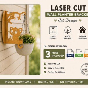 Pode incluir: Um suporte de parede para vasos cortado a laser com um design de gato, oferecido como download digital. A imagem exibe texto incluindo LASER CUT WALL PLANTER BRACKET, 3 FILES INCLUDED, DXF, CDR, SVG e INSTANT DOWNLOAD, DIGITAL FILE.