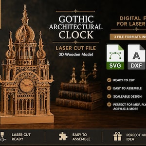 Könnte beinhalten: Ein 3D-Holzmodell einer gotischen Architektur-Uhr, präsentiert als digitale Datei für den Laserschnitt. Das Design zeigt komplexe Türme, ein zentrales Zifferblatt und detaillierte Strukturelemente. Enthält SVG-, DXF- und CDR-Dateiformate.