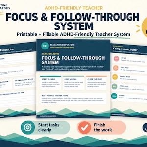 May include: A 10-page printable and fillable ADHD-friendly teacher focus and follow-through system. The documents feature dark blue, teal, and cream color schemes with mountain-like graphic borders, including worksheets titled Define the Finish Line and Completion Ladder.