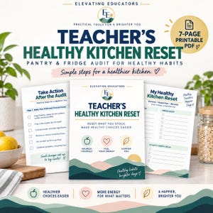 Puede incluir: Un PDF imprimible de 7 páginas titulado Teacher's Healthy Kitchen Reset, que incluye una guía de auditoría de despensa y refrigerador. Los documentos contienen listas de verificación, secciones para intercambios saludables y gráficos de montañas.