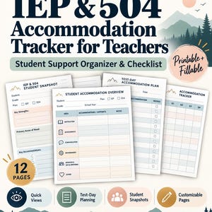 Puede incluir: Un rastreador de adaptaciones IEP y 504 de 12 páginas para docentes, con organizadores de apoyo estudiantil imprimibles y rellenables. Incluye instantáneas de estudiantes, planes de examen, hojas de seguimiento y gráficos de montañas.