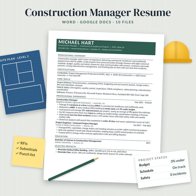 Construction Manager Resume Template, Project Manager Resume Word, ATS ...