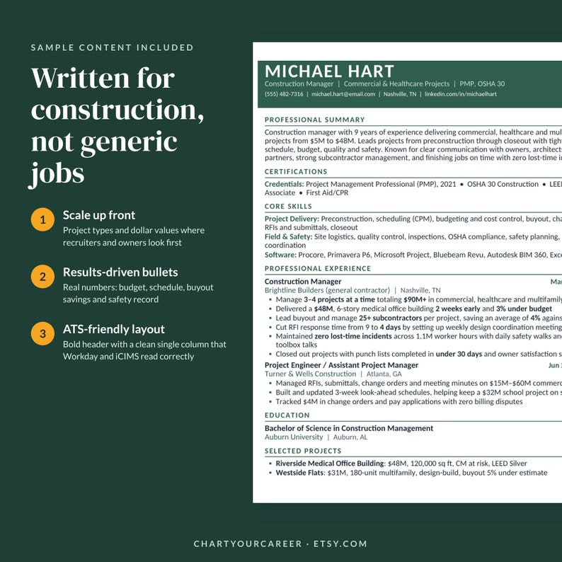 Construction Manager Resume Template, Project Manager Resume Word, ATS ...