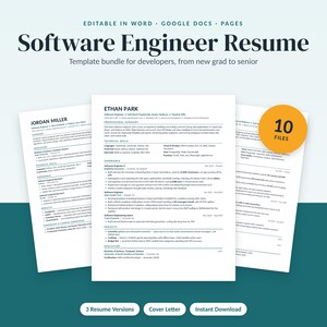 Plantilla de currículum para ingeniero de software, currículum para desarrollador en Word, CV técnico compatible con ATS, currículum para recién graduados en desarrollo full stack y backend, descarga instantánea.
