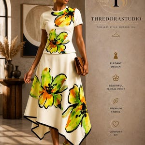 Op de afbeelding: Crèmekleurige tweedelige outfit met een bloemenprint in geel, groen en oranje. De outfit bestaat uit een top met korte mouwen en een midi-rok. De tekst "THREDORASTUDIO" is zichtbaar.