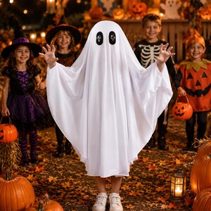White Ghost Cloak Costume, Hooded Pullover Cape for Kids Adults, Halloween Cosplay Robe