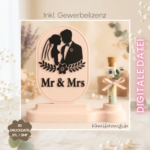 STL 3MF 3D Druckdatei: Minimalistischer "Mr & Mrs" Aufsteller, Hochzeitsgeschenk Geld