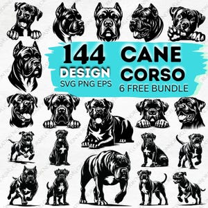 May include: A digital design bundle featuring 144 Cane Corso illustrations in SVG, PNG, and EPS formats. The black and white images depict different poses of the dog breed, with the text "144 CANE CORSO DESIGN" and "6 FREE BUNDLE".