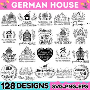 May include: A collection of 20 black and white digital illustrations featuring various German-style half-timbered houses, floral wreaths, and decorative text in German. The designs include phrases like Zuhause ist es am schönsten.