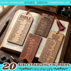 May include: Three rectangular wooden bookmarks featuring engraved text titled Bible Emergency Numbers and Bible Emergency Response Guide. Each bookmark lists various emotional states paired with specific scripture references. One bookmark includes a red tassel.