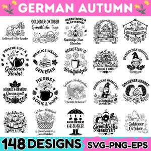 May include: A collection of 148 black and white graphic designs featuring autumn themes, including pumpkins, mushrooms, hedgehogs, gnomes, and tea sets, with German text phrases like Goldener Oktober and Herbstzeit, presented in a grid layout.