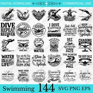 Può includere: Una collezione di design grafici digitali in bianco e nero con temi legati al nuoto, tra cui sagome di nuotatori, onde e testi motivazionali come Dive Repeat Recover, Water Is Life e Make Your Own Waves su uno sfondo bianco.
