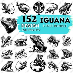 Puede incluir: Una colección digital de 152 ilustraciones de iguanas en blanco y negro en formatos SVG, PNG y EPS. El conjunto gráfico presenta varias poses de iguanas, incluyendo retratos de cabeza, posturas de cuerpo completo e iguanas en ramas.