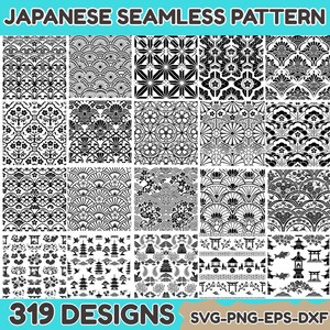 May include: A digital collection of 319 Japanese seamless patterns featuring black and white graphic designs. The grid displays various motifs including floral elements, geometric shapes, pagodas, torii gates, and koi fish, labeled SVG-PNG-EPS-DXF.