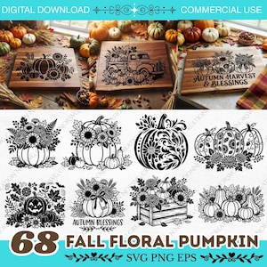 May include: A digital collection of 68 black and white SVG and PNG graphic designs featuring pumpkins, sunflowers, autumn leaves, and rustic crates. Some designs include text such as Autumn Harvest & Blessings and Autumn Blessings.