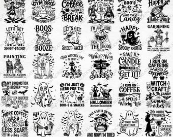 May include: A collection of thirty black and white digital graphic designs featuring Halloween-themed illustrations of ghosts, skeletons, witches, and cats, accompanied by humorous text phrases such as Here for the Boos, Boo Gie Man, and Witch Craft.