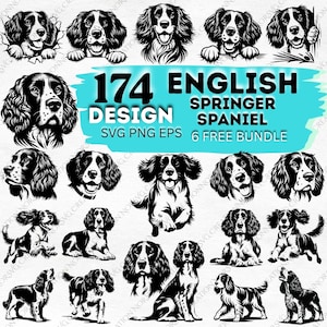 Könnte beinhalten: Eine Sammlung von 174 English Springer Spaniel-Designs in den Formaten SVG, PNG und EPS. Die Schwarz-Weiß-Illustrationen zeigen verschiedene Posen der Rasse, einschließlich Porträts und Ganzkörperdarstellungen. Der Text lautet "174 English Springer Spaniel Design 6 Free Bundle."