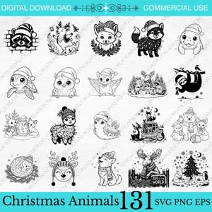 Pode incluir: Uma coleção digital de ilustrações em preto e branco com vários animais em trajes de Natal, incluindo guaxinins, veados, raposas, focas, tartarugas, corujas, bichos-preguiça, coelhos, ouriços, lhamas e ursos, com o texto Christmas Animals.