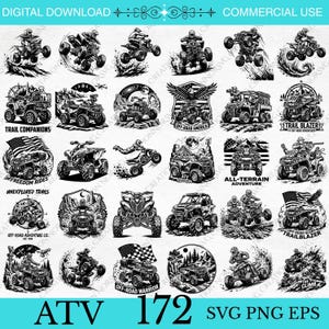 May include: A digital collection of 172 black and white illustrations featuring ATVs in various action poses, terrains, and compositions. Designs include American flags, eagles, compasses, and text like Trail Companions, Off-Road America, and Trail Blazer.