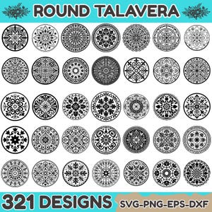 Könnte beinhalten: Eine Sammlung von 321 schwarz-weißen, kreisförmigen Grafikdesigns im Talavera-Stil, angeordnet in einem Raster. Der obere Text lautet ROUND TALAVERA und der untere Text 321 DESIGNS SVG-PNG-EPS-DXF. Jeder Kreis zeigt einzigartige Blumenmuster.