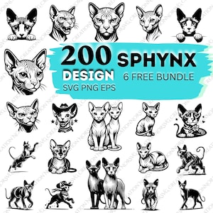 Pacchetto SVG di gatti Sphynx: 200 disegni senza pelo (svg, png, eps)