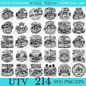 May include: A collection of twenty-five black and white digital graphic designs featuring off-road UTV vehicles, various terrain elements, and text phrases like Dirt Queen, Trail Bosses, and UTV Life, presented in a grid layout for digital download.