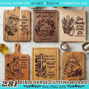 May include: Six rectangular wooden cutting boards featuring laser-engraved religious text and illustrations. Designs include a basket of bread, a chalice, a cross with flowers, and figures, with Bible verses like Psalm 111:5 and Acts 20:35 clearly visible.