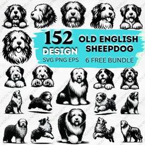 Könnte beinhalten: Eine digitale Sammlung von 152 Old English Sheepdog-Designs in Schwarz-Weiß. Das Grafikset enthält verschiedene Illustrationen der Hunderasse in unterschiedlichen Posen, darunter sitzend, rennend und Kopfporträts, verfügbar in SVG, PNG und EPS.