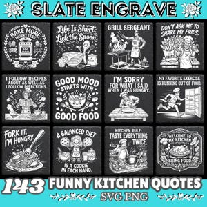 May include: A collection of twelve square slate coasters featuring white engraved kitchen-themed illustrations and humorous quotes including Bake More Worry Less, Life Is Short Lick The Spoon, Grill Sergeant, and Fork It I'm Hungry.