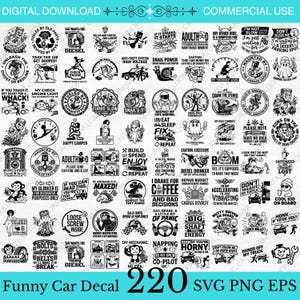 Peut inclure: Un ensemble de 220 designs graphiques numériques en noir et blanc présentant des illustrations humoristiques sur le thème de la voiture et des slogans textuels. Le set inclut des icônes de moteurs, pistons, fantômes et singes avec des textes.