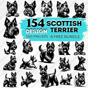 Pode incluir: Uma coleção de 154 designs de Scottish Terrier em preto e branco em várias poses. A imagem inclui o texto "154 SCOTTISH DESIGN TERRIER SVG PNG EPS 6 FREE BUNDLE".