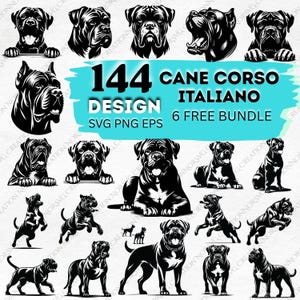 Könnte beinhalten: Eine digitale Sammlung von 144 schwarz-weißen Cane Corso Italiano Hundeillustrationen in den Formaten SVG, PNG und EPS. Das Grafikset zeigt verschiedene Posen, darunter sitzend, stehend und Kopfporträts, mit dem Text 144 CANE CORSO ITALIANO DESIGN 6 FREE BUNDLE.