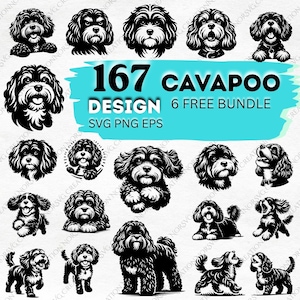 May include: A digital collection of 167 black and white Cavapoo dog illustrations in SVG, PNG, and EPS formats. The graphic features various poses of the curly-haired breed, including portraits, sitting, and standing positions, with text 167 CAVAPOO DESIGN 6 FREE BUNDLE.