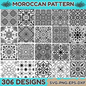 May include: A collection of 306 black and white Moroccan pattern designs arranged in a grid. The image features the text MOROCCAN PATTERN at the top and 306 DESIGNS SVG-PNG-EPS-DXF at the bottom. Each square displays a unique geometric motif.