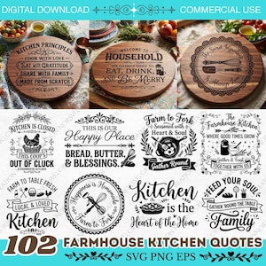 May include: A collection of 102 farmhouse kitchen quotes in SVG, PNG, and EPS formats. The designs feature black typography and illustrations of kitchenware, including whisks, spatulas, and pans, with phrases like Kitchen is the Heart of the Home.