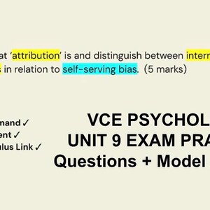 Op de afbeelding: Een dia van een VCE Psychologie Unit 9 examen oefensessie. De tekst bevat de titel "Do Now" en een vraag over attributie en self-serving bias. Extra tekst bevat "Vragen + Modelantwoorden".