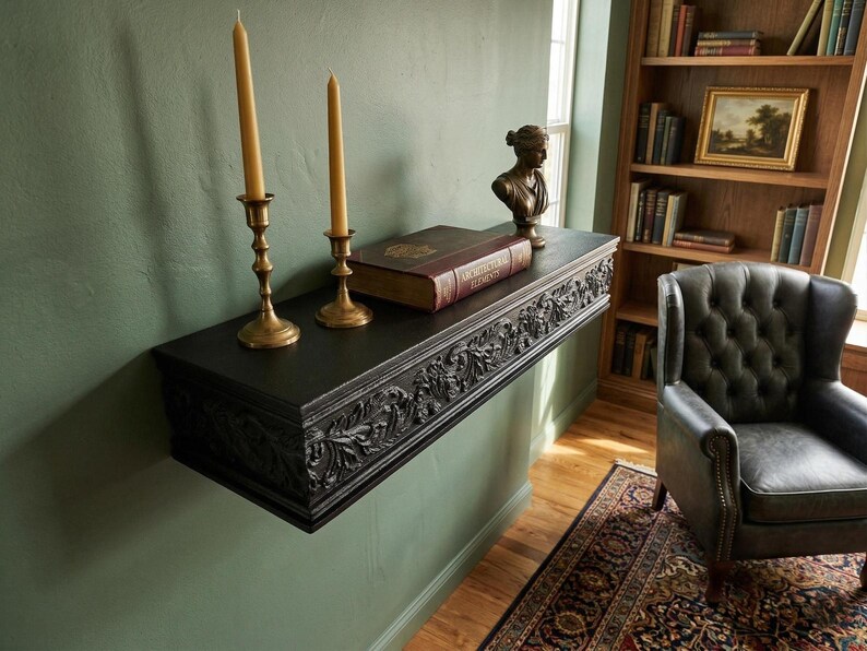 May include: A dark, carved shelf fixed to a green wall, with two brass candlesticks holding lit candles, a book, and a bust. The shelf has detailed carvings along the front. A bookcase and armchair are in the background.