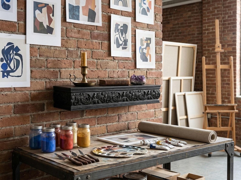 May include: An artist's studio featuring a brick wall with framed abstract art. A black, carved shelf holds a candle and a crystal. A table displays paint jars, a palette, paint tubes, and a canvas roll. An easel and canvases are in the background.