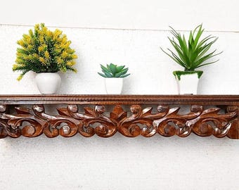 Mensola da parete intagliata a mano, realizzata a mano in legno massello di teak, decorazione per la casa, mensola da appendere al muro, regalo unico, design tradizionale per la casa, bellissima.