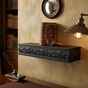 May include: A black, ornate shelf with a carved floral design holds a vintage book, a magnifying glass, and a brown leather-bound book. A vintage-style lamp with a pleated shade and a round mirror are also visible.
