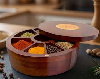 Wooden Acacia Wood Spice Box Masala Dabba with Floral Inlay Lid, 7 Compartments Spice box wooden Handmade Wooden Spice kichen Compartment